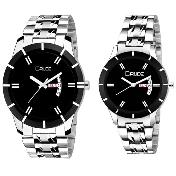 Analogue Beautiful Black Dial Day and Date Stainless Steel Couples Watches Combo