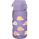Ion8 Small Water Bottle, 350 ml/12 oz, Leak Proof, Easy to Open, Secure Lock, Dishwasher Safe, BPA Free, Carry Handle, Hygienic Flip Cover, Easy Clean, Odor Free, Carbon Neutral, Purple, Hedgehog