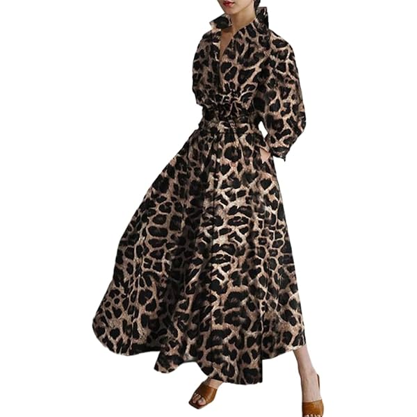 knee length dresses for ladies Beige Leopard Print Long Sleeve Short Dress main image 1