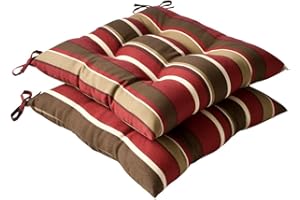 Pillow Perfect Stripe Indoor/Outdoor Chair Seat Cushion with Ties, Tufted, Weather, and Fade Resistant, 18.5" x 19", Brown/Red Monserrat, 2 Count