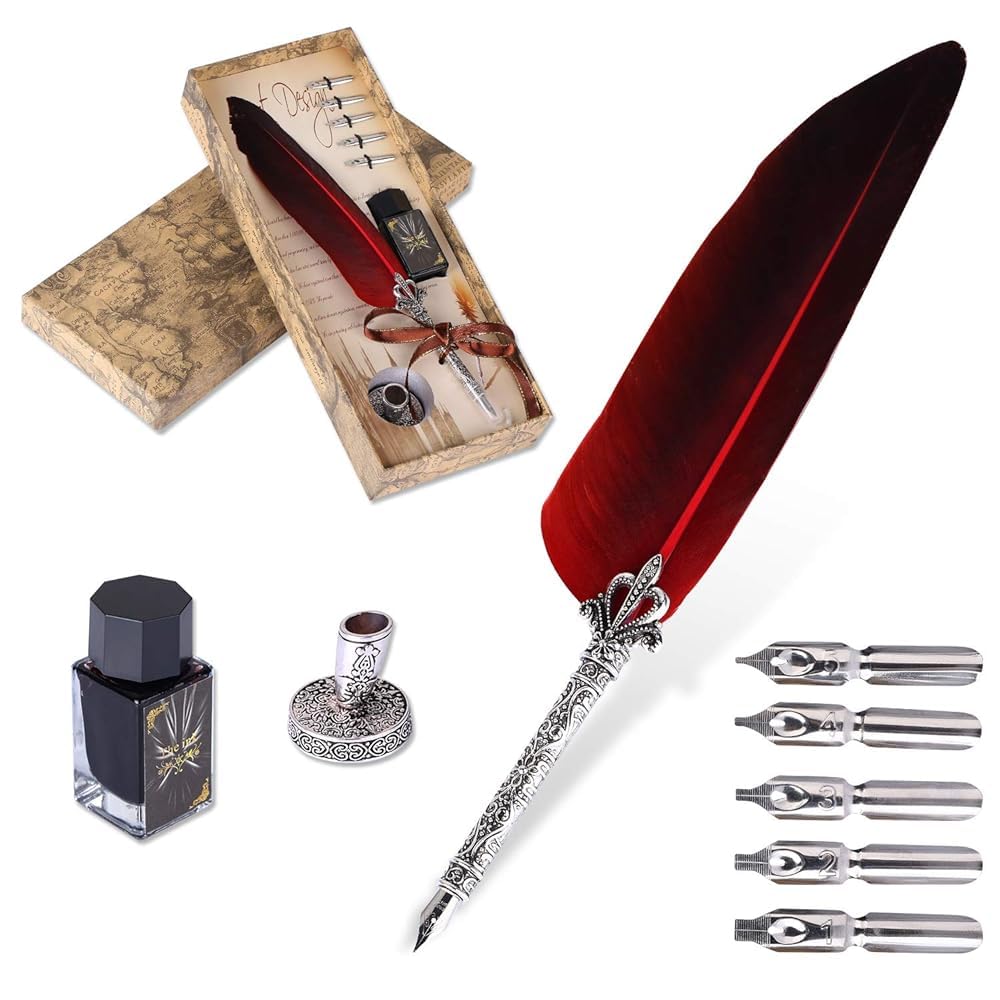 VABNEER Feather Quill Pen Set - Calligraphy Pen with Ink & 5 Replacement Nibs for Stationery Gift (Bright Red)