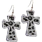 Vintage Lightweight Leather Cross Dangle Drop Earrings Crystal Rhinestone Leopard Print Statement Earrings for Women Retro Boho Jewelry