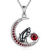 HKPATOP Black Cat Necklace Sterling Silver Birthstone Necklace Cat Jewelry for Women