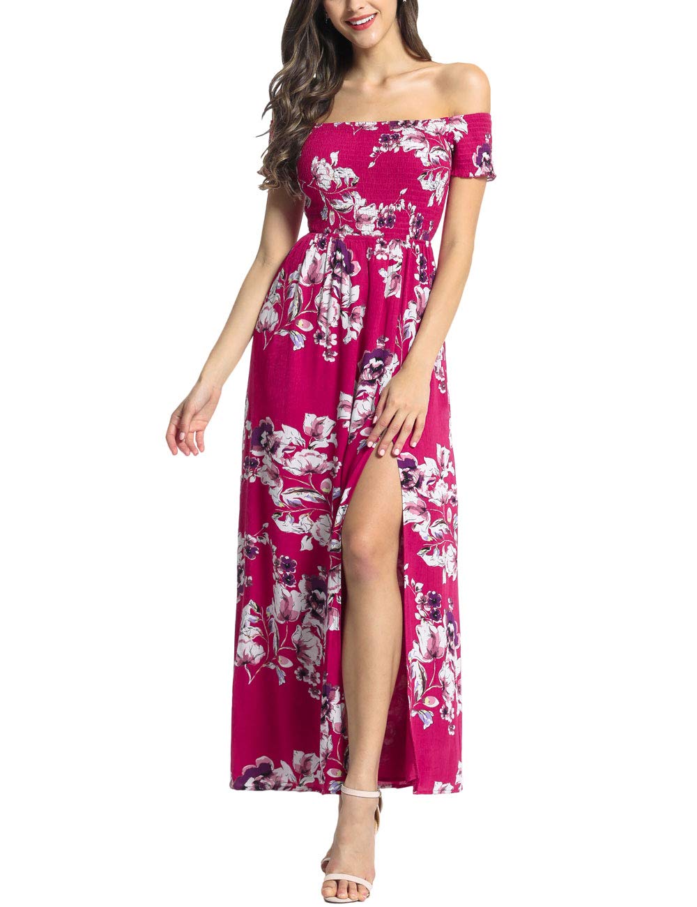 Azalosie Women Off Shoulder Maxi Dress Floral Short Sleeve Split Slit