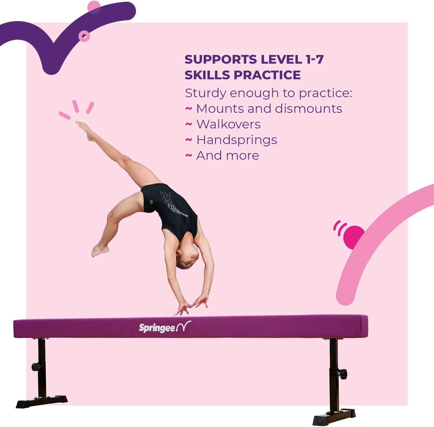 Springee 8ft Adjustable Balance Beam Gymnastics Equipment For Home Solid Suede Balance Beam