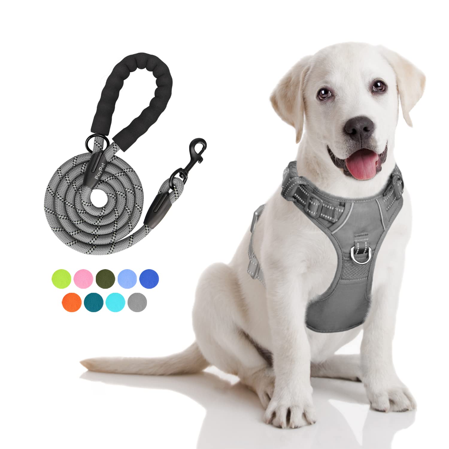 Photo 1 of PoyPet No Pull Dog Harness and 5 Feet Leash Set, Release on Neck Reflective Adjustable Pet Vest, Front & Back 2 D-Ring and Soft Padded Pet Harness with Handle for Small to Large Dogs(Grey,M)