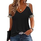 kipfall Womens Cold Shoulder Tops with Sequins V Neck Short Sleeve T Shirts Casual Loose Fit Basic Tee