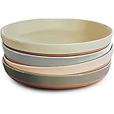 MORA Ceramic Flat Pasta Bowl Set of 4-35oz, Microwave Safe Plate with High Edge - Modern Porcelain Dinnerware for Kitchen and Eating, Large Wide Bowls/Plates for Serving Dinner, Salad, etc- Neutrals