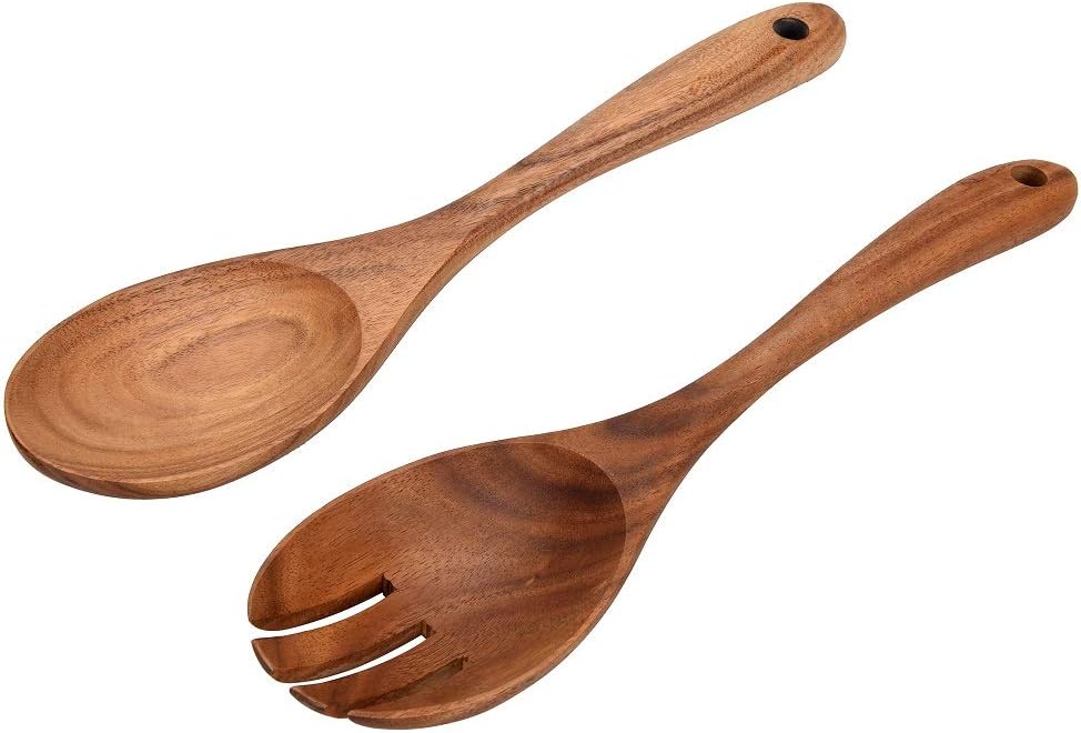Wooden Acacia Salad Servers 10inch, Set of 2, Salad Spoon and Fork Set