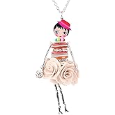 BONSNY Handmade Paris Doll Necklace with Floral Flower Fabric Dress,Natural freshwater shells Botton for Body, Crystal Rhinestone Charm, Statement Long Silver Chain Jewelry for Women