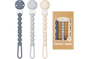 TYRY.HU 3 Pack Silicone Pacifier Holder Clip with One Piece Beads for Boys and Girls, Soft Flexible Pacifier Clip, Rust-Free Binky Clips with Texture, Keeps Pacifier Clean, Fits Most Pacifiers(Grey)