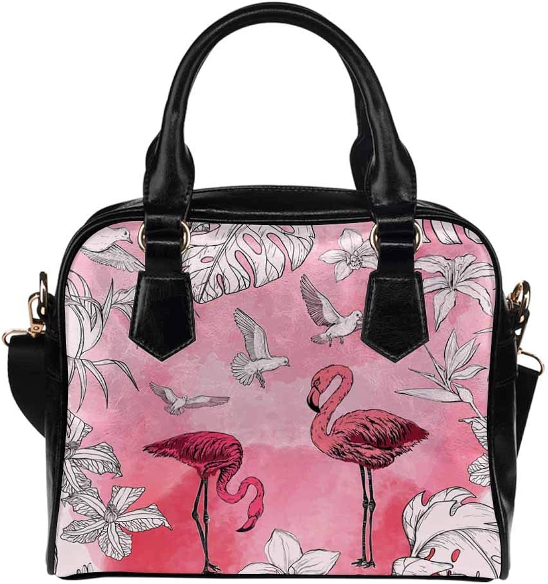 INTERESTPRINT Watercolor Flamingo Floral PU Leather Lady Purses and