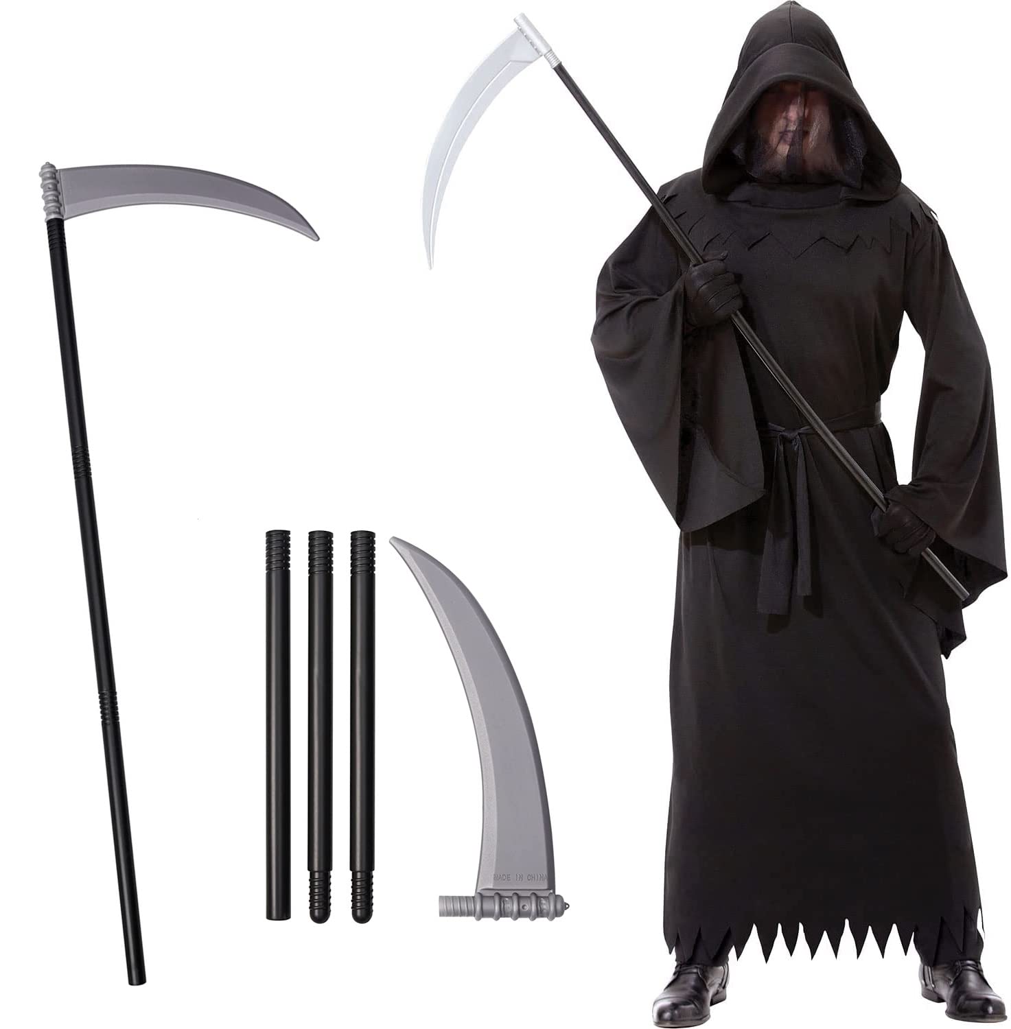 SHATCHI Adult Halloween Costume with Scythe Weapons Grim Reaper Phantom of Darkness Fancy Dress Party Outfit One Size Fit to All