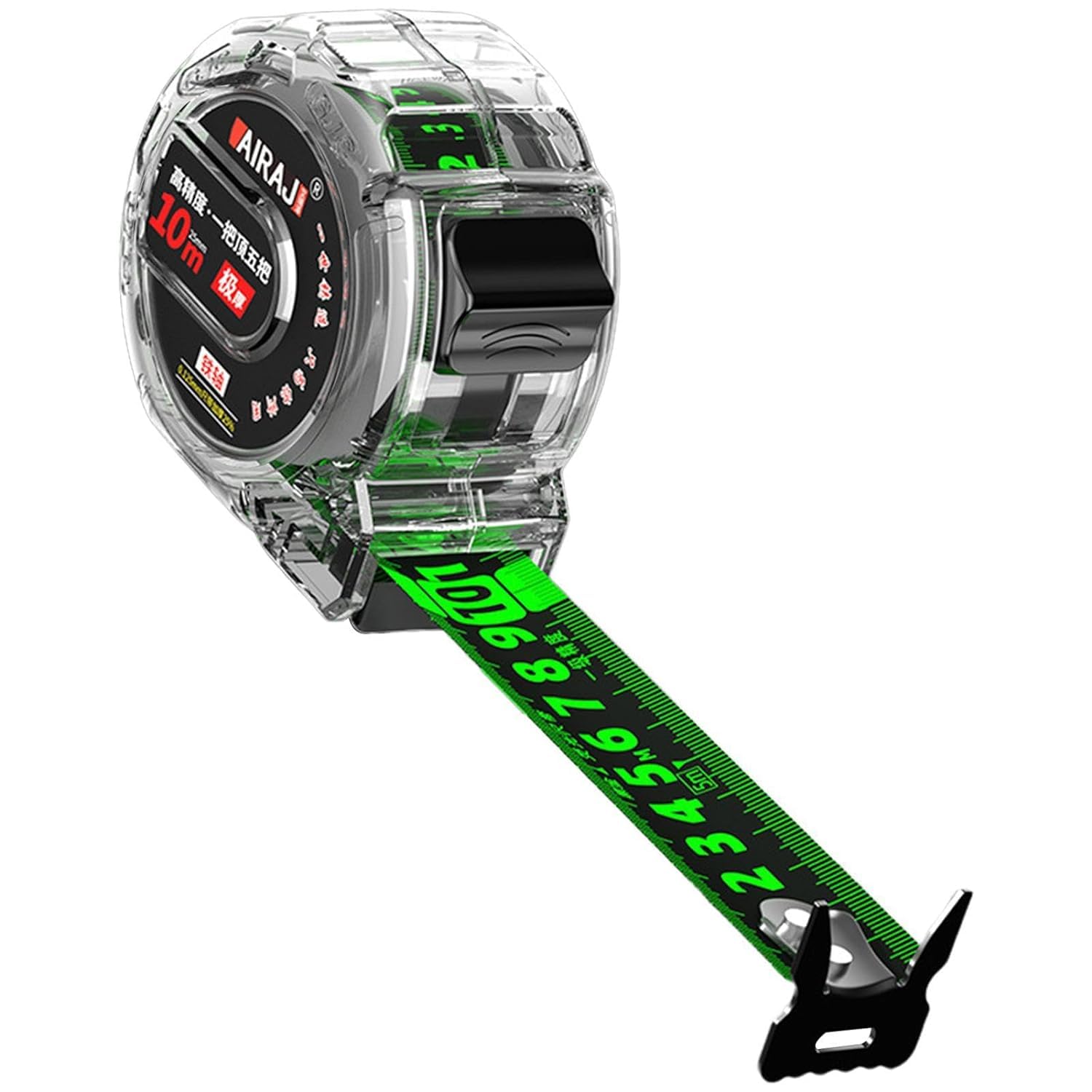 Fluorescent Steel Tape Measure, 10m Transparent Precision Measuring Tape with Self-Lock, Easy to Read, Stainless Steel Retractable Tape Measure