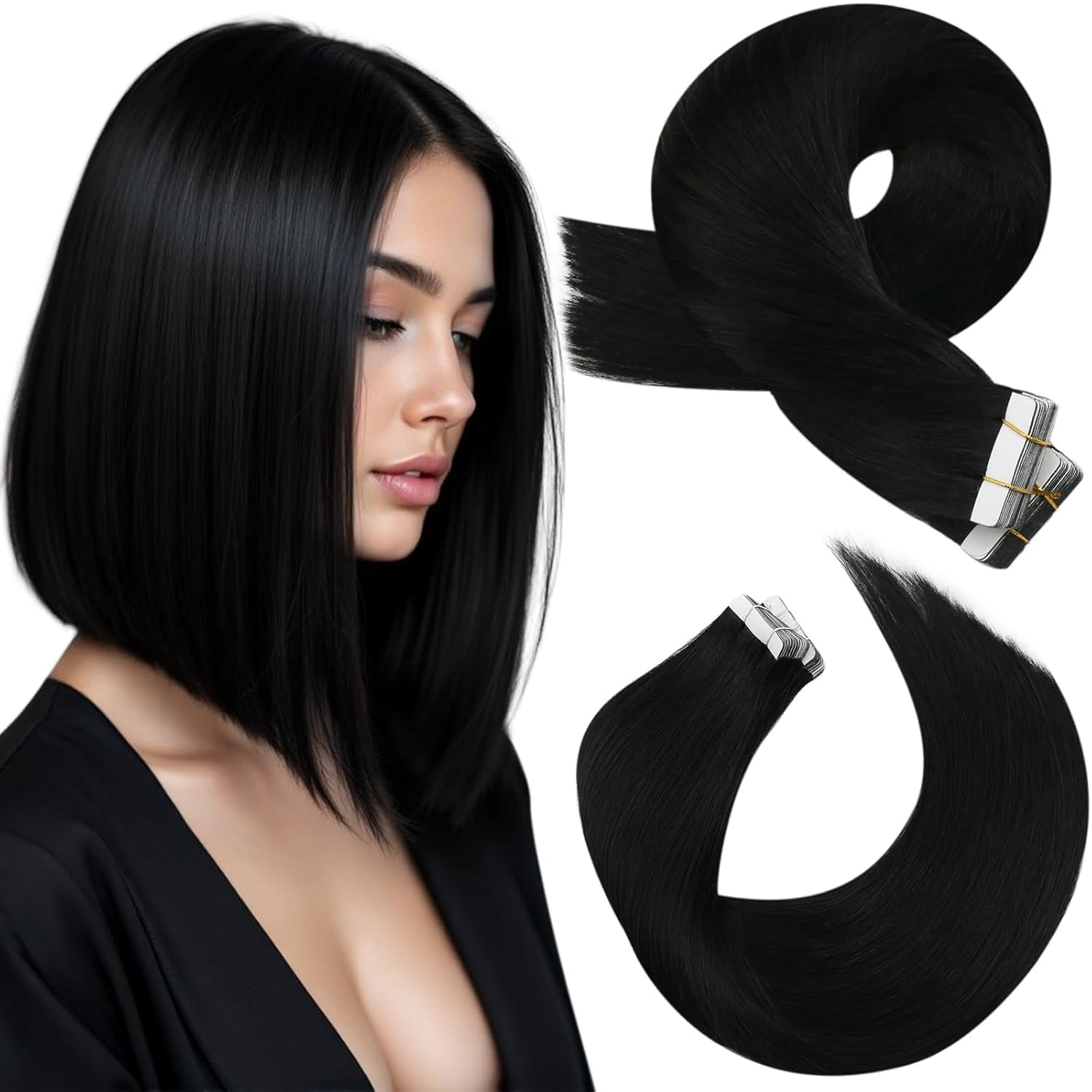 Moresoo Black Hair Extensions Tape in Remy Straight Tape in Hair Extensions Human Hair Jet Black 14 Inch 20 Pieces/40g #1