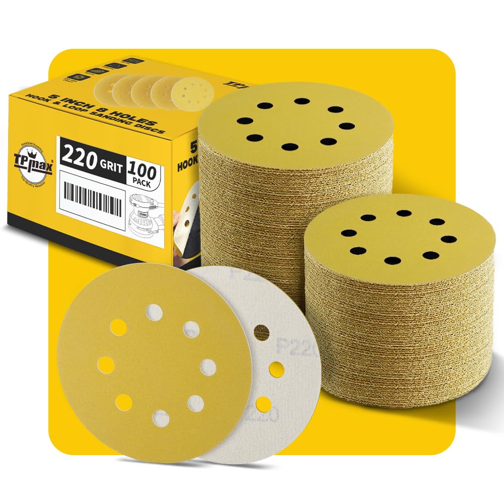 100PCS 125mm 8 Hole Sanding Discs Sandpaper, 220 Grit, Premium Gold Round Hook and Loop for Random Orbital Sander - Ideal for Wood, Metal, Automotive — image 1