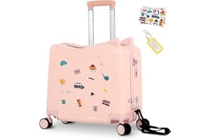 smilesun 20" Ride-On Travel Suitcase for Kids, Cute Ear Toddler Carry on Luggage with Spinner Wheels & Anti-Lose Rope, Children Rolling Trolly Luggage with Password Lock (Pink with Rope)