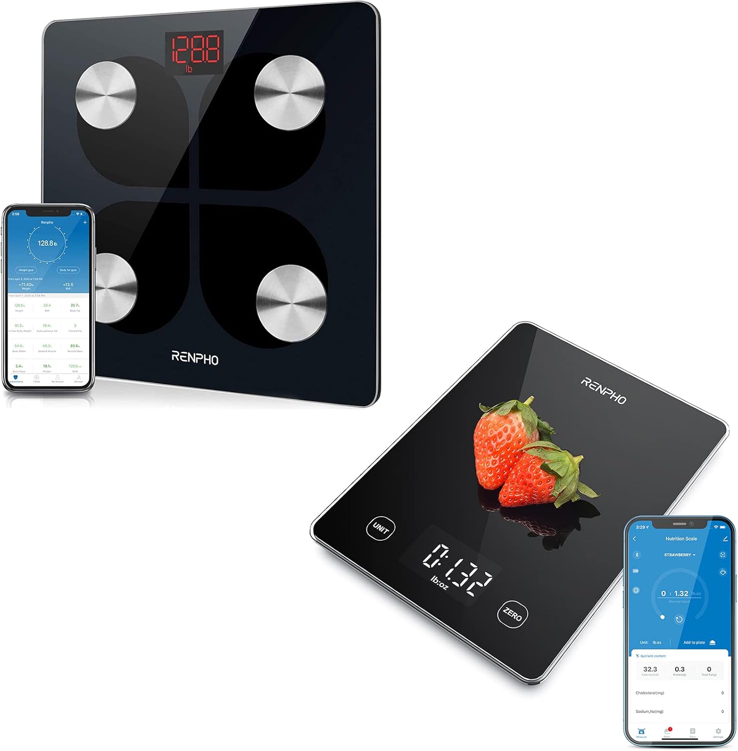 RENPHO Rechargeable Bathroom Scale, RENPHO Kitchen Scale 22lb/10kg Smart Food Scale, Digital Cooking Scale with Nutrition Calculator, Weight Grams and Ounces