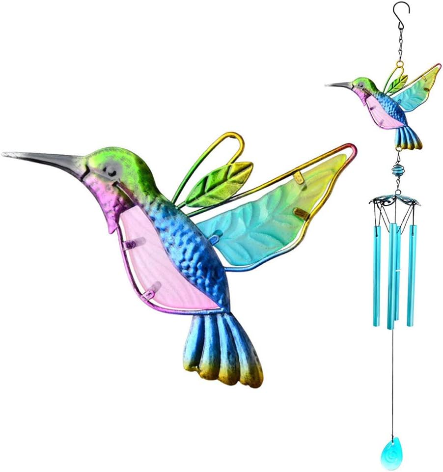 AVEKI Hummingbird Wind Chimes, Outdoor Wind Chime Gifts for Mom Indoor Iron & Stained Glass Wind Chimes for Home, Garden, Window, Yard, Patio, Lawn Decor Housewarming Thanksgiving (Hummingbird Blue)