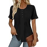 Womens Striped T Shirts Pleated Dressy Casual Summer Tops Short Sleeve Scooped Neck Button Blouse Tees
