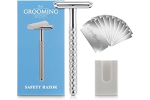 The Grooming Society Double Edge Safety Razor with Chrome Plated Handle & Silicone Cover & 10 Blades Single Blade Safety Razor for Travel Metal Eco-Friendly Reusable Razor for Shaving