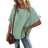 COMBEME Batwing Tops for Women Half Sleeve Loose Fit Tunic Tops Ribbed Knit Oversized Dolman Sleeve T Shirts