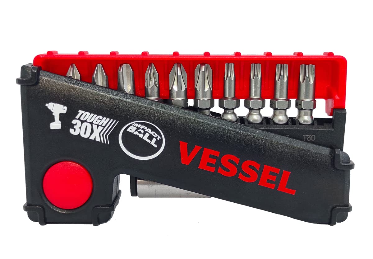 VESSEL Set of 10 Torsion Impact Ball Screw Bits + Bit Holder