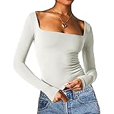 Beumissy Women's Sexy Square Neck Tops Slim Fitted Double Lined Basic Long Sleeve Shirts