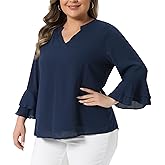 Agnes Orinda Plus Size Tops for Women Dressy Casual 3/4 Bell Sleeve Notch V Neck Double Layered Chiffon Work Tunic Shirts