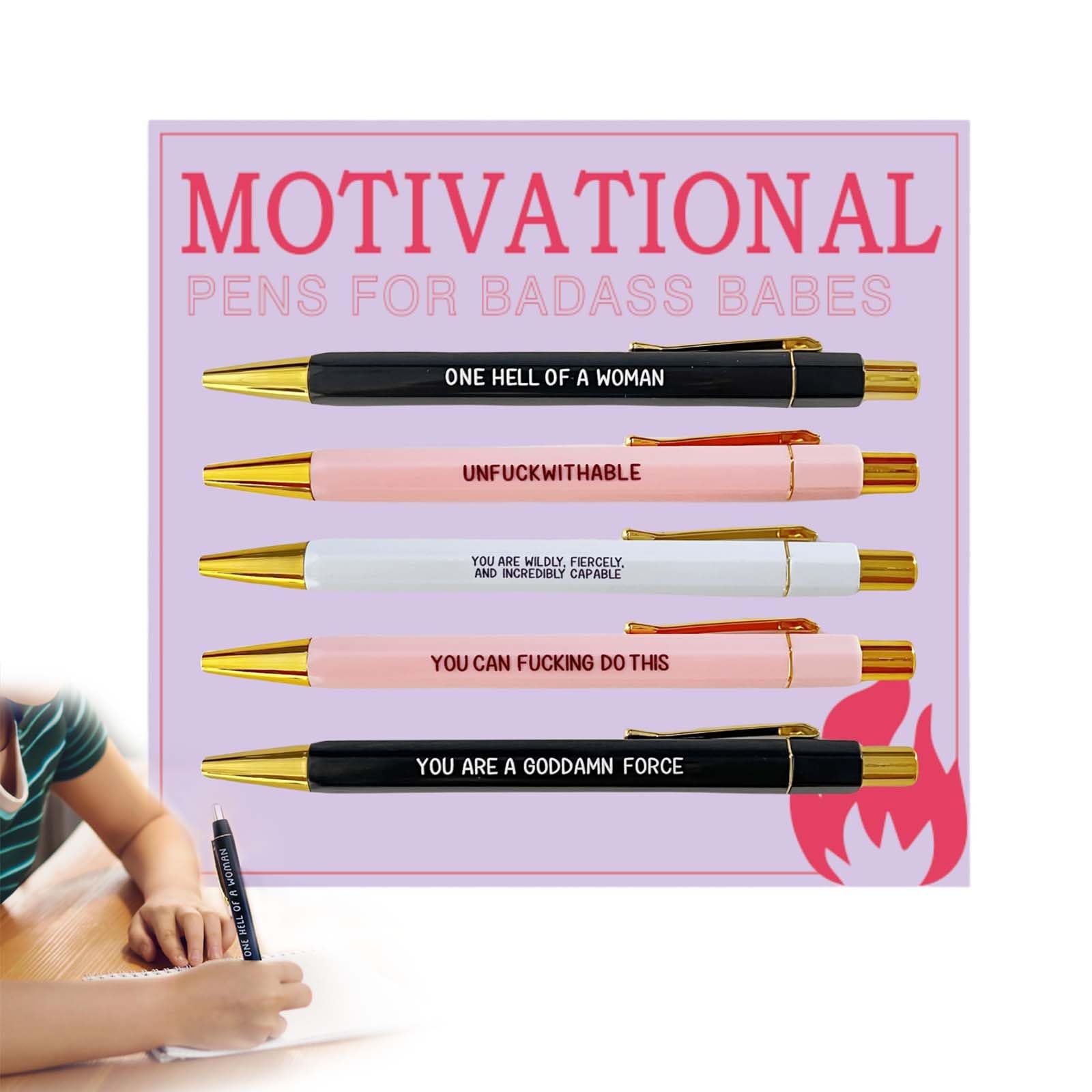 CarPlusStudio Fun Motivational Pen Set - 5PCS Funny Swear Word Pens for Women Black Ink Ballpoint Pens Retractable Ballpoint Pens for Office Gifts