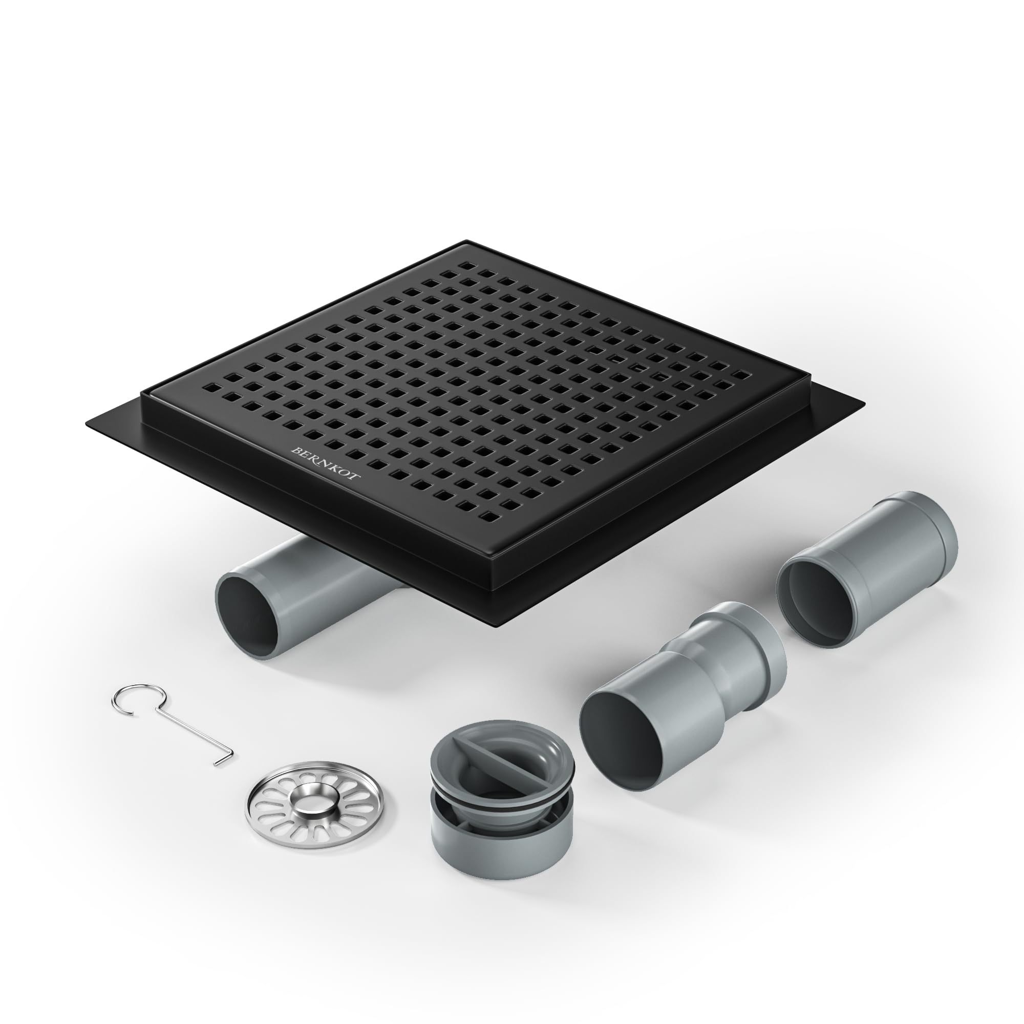Bernkot Duschrinne Quadrat 20 * 20cm, 360° Siphon mit Geruchsstop und Haarsieb Edelstahl Ablaufrinne Bodenablauf Duschablauf sehr flach DN50 DN40，Schwarz