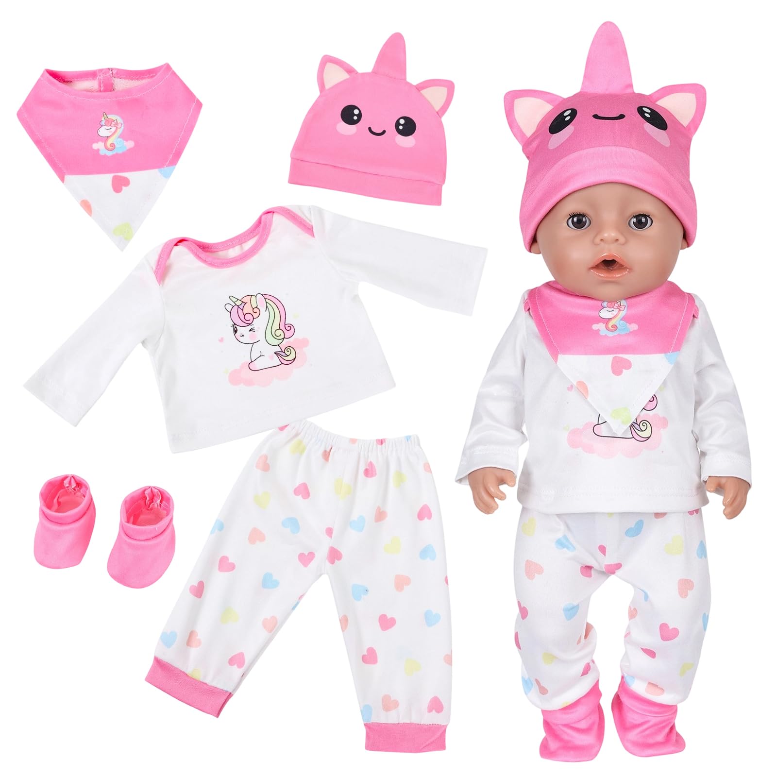 Baby Doll Clothes for 35-43cm Baby Dolls, NewBorn Baby Doll Outfits mit 1 Pink Pony Top 1 Pants 1 Hat 1 Bib 1 Socks 2 Hangers for 14-17 Inch Baby Dolls, Cute Baby Doll Clothing, as aGift to Kids