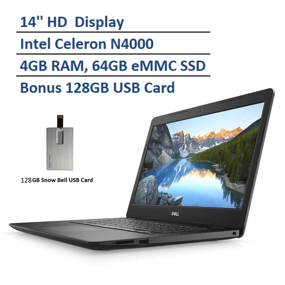 2020 Dell Inspiron 14" HD Display Laptop Computer, Intel Celeron N4000  Processor, 4GB DDR4 RAM, 64GB eMMC SSD, Intel HD Graphics, HD Webcam,  Windows 10 S, Black, Snow Bell 128GB USB Card-