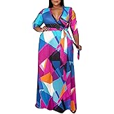 Runwind Plus Size Dresses for Women Floral Maxi Dress Flowy 3/4 Sleeve with Belt