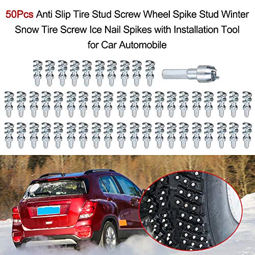 Tickas 50Pcs Anti-Slip Screw Stud Wheel Tyre Snow Tire Spikes Trim Wheel Spike Stud Winter Snow Tire Screw Ice Nail Spikes with Installation Tool for Car Automobile