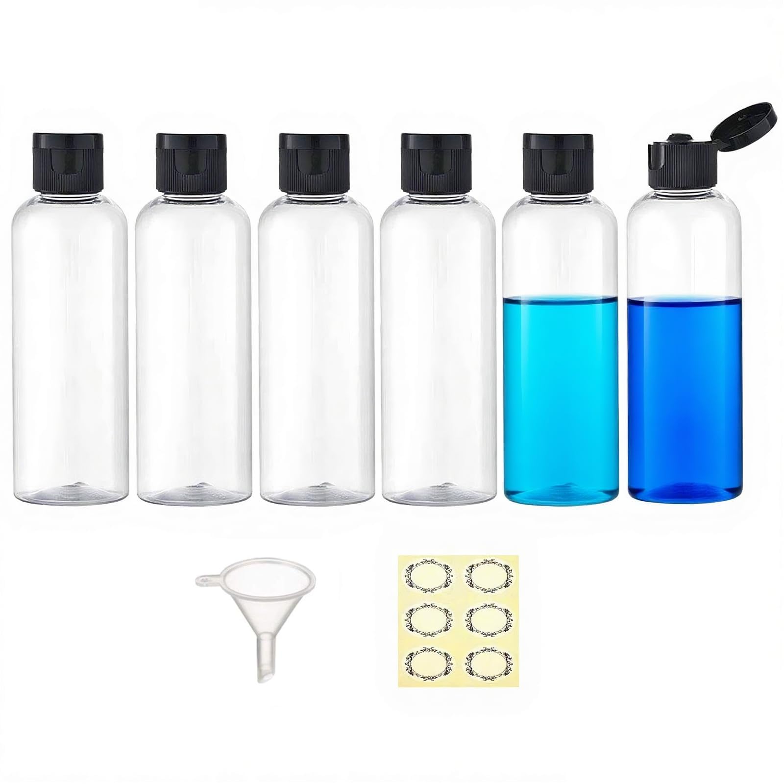 Apstaqeoo 6PCS 100ML Plastic Travel Bottles with Flip Cap Empty Squeeze Bottles Transparent Refillable Travel Container with 1 Funnel & 6 Label TSA Approved for Liquid Lotion Toiletries Cosmetic