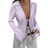 Womens Tie Front Satin Silk Blouse Sexy Deep V Neck Long Sleeve Open Front Club Tops Y2k Going Out Shirts