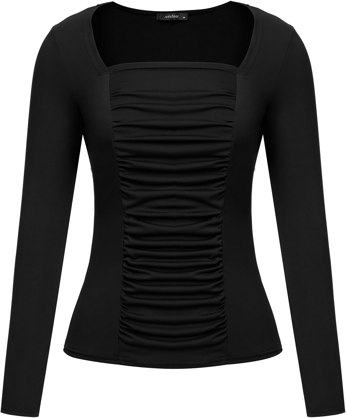 Mixfeer Women's Long Sleeve Square Neck Ruched Mesh-Front Blouse Top Shirt