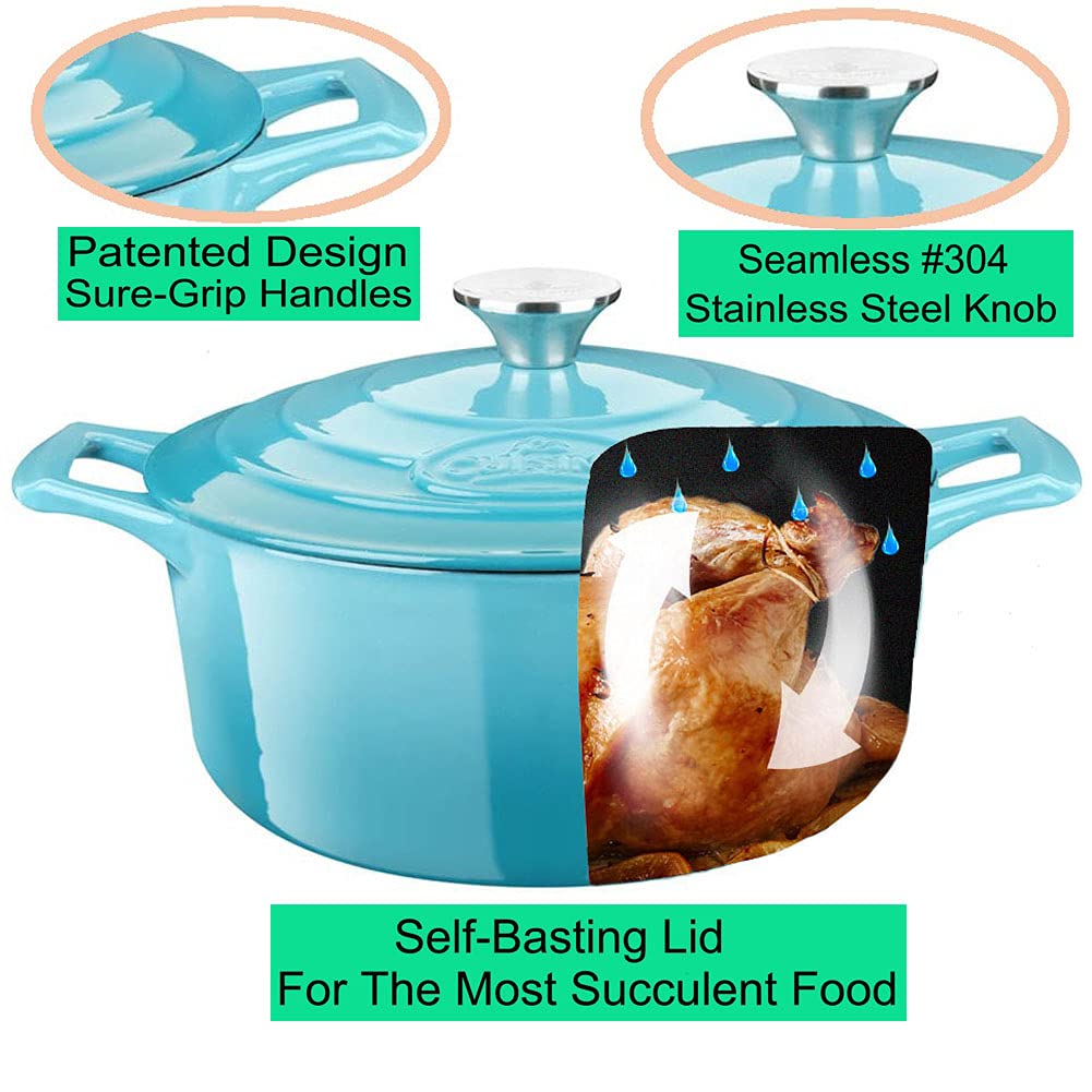 La Cuisine Gusseisen Bratentopf Topf Schmortopf Cocotte Brotbacktopf emailliert mit Deckel Induktion Backofengeeignet rund 20 cm 2 L. Blaugrün Ofenfest 3