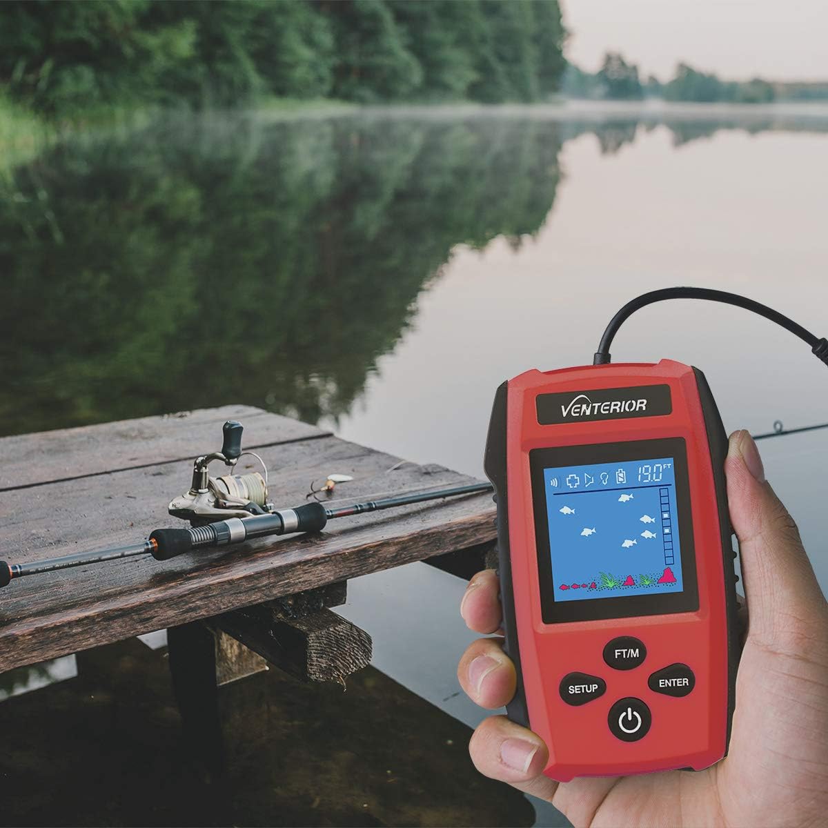Venterior Portable Fish Finder Handheld Fishfinder Depth Finder Ice Kayak Fishing Gear with Sonar Transducer and LCD Display (Deep Red): GPS & Navigation
