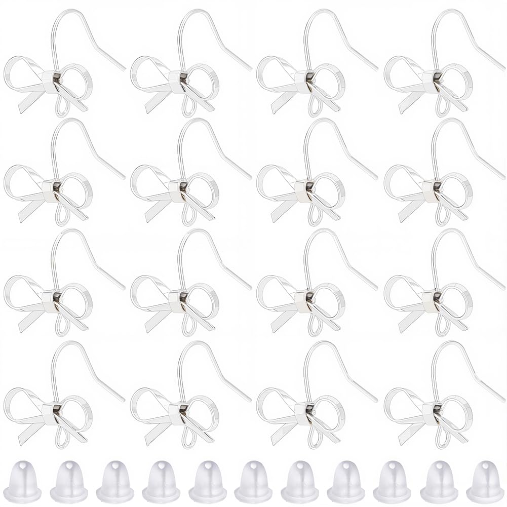 SOFPLATE 1 Box 28Pcs Bowknot Earring Findings Bulk Earring Hooks Silver Bowtie Shape Brass with Plastic Nuts and Loop Platinum Dangle Bow Earrings Wires for jewellery Making Supplies DIY Women Beginne