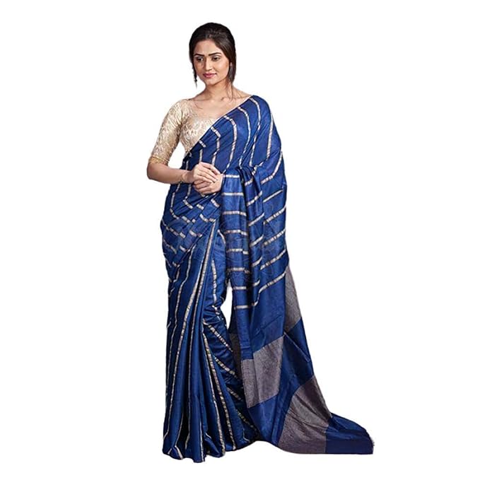 For Womens Bhagalpuri Kota Silk Dark Blue Bunty Bably Saree With Plain Srtriped And Running Blouse Piece Free Sise