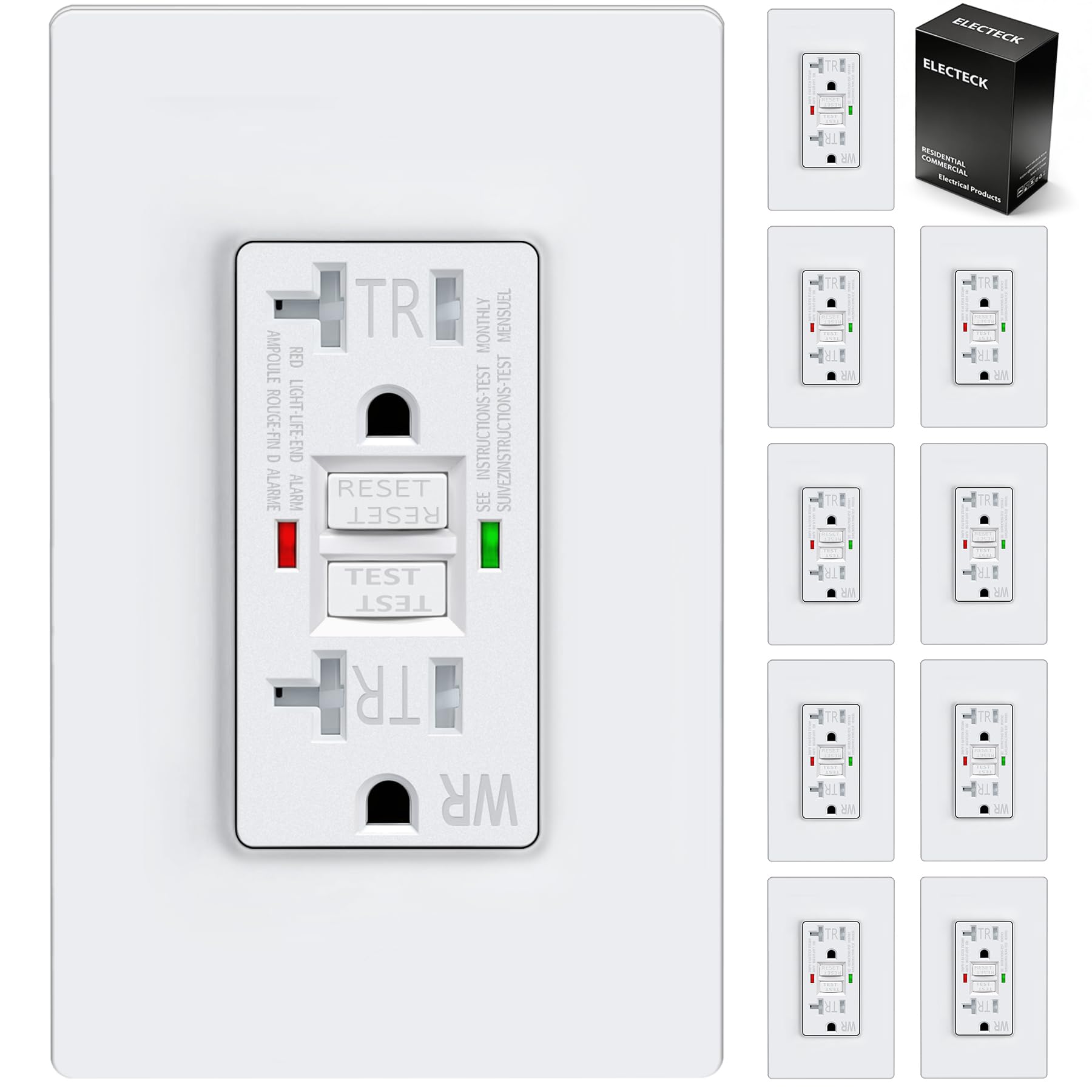 Photo 1 of ELECTECK 10 Pack GFCI Outlets 20 Amp, Outdoor Weather Proof (WR), Self-Test GFI Receptacles with LED Indicator, Ground Fault Circuit Interrupter, Screwless Wallplate Included, UL Listed, White