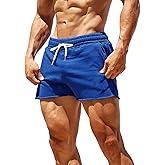 Men's Gym Sport Bodybuilding Workout Casual Shorts with Pockets 3 inch Inseam Raw Hem Terry Cotton