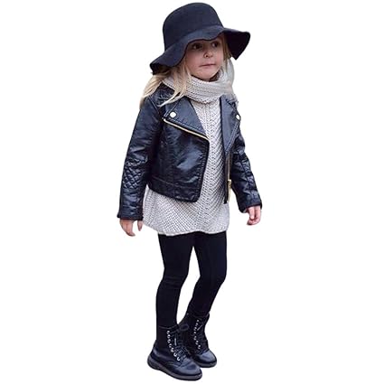 FeiliandaJJ Baby Kinder Mantel, Coat Jacken Herbst Winter Junge Mädchen Schwarz Pu Nähte Revers Lederjacke Strickjacke Kleidu
