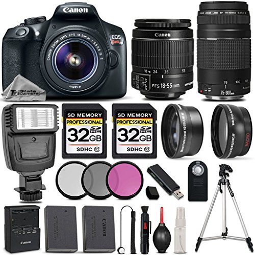 Canon EOS Rebel T6 DSLR Camera + Canon EF-S 18-55mm f/3.5-5.6 IS II Lens + Canon EF 75-300mm f/4-5.6 III Lens + Digital Camera Flash - All Original Accessories Included - International Version Canon EOS Rebel T6 DSLR Camera + Canon EF-S 18-55mm f/3.5-5.6 IS II Lens + Canon EF 75-300mm f/4-5.6 III Lens + Digital Camera Flash - All Original Accessories Included - International Version