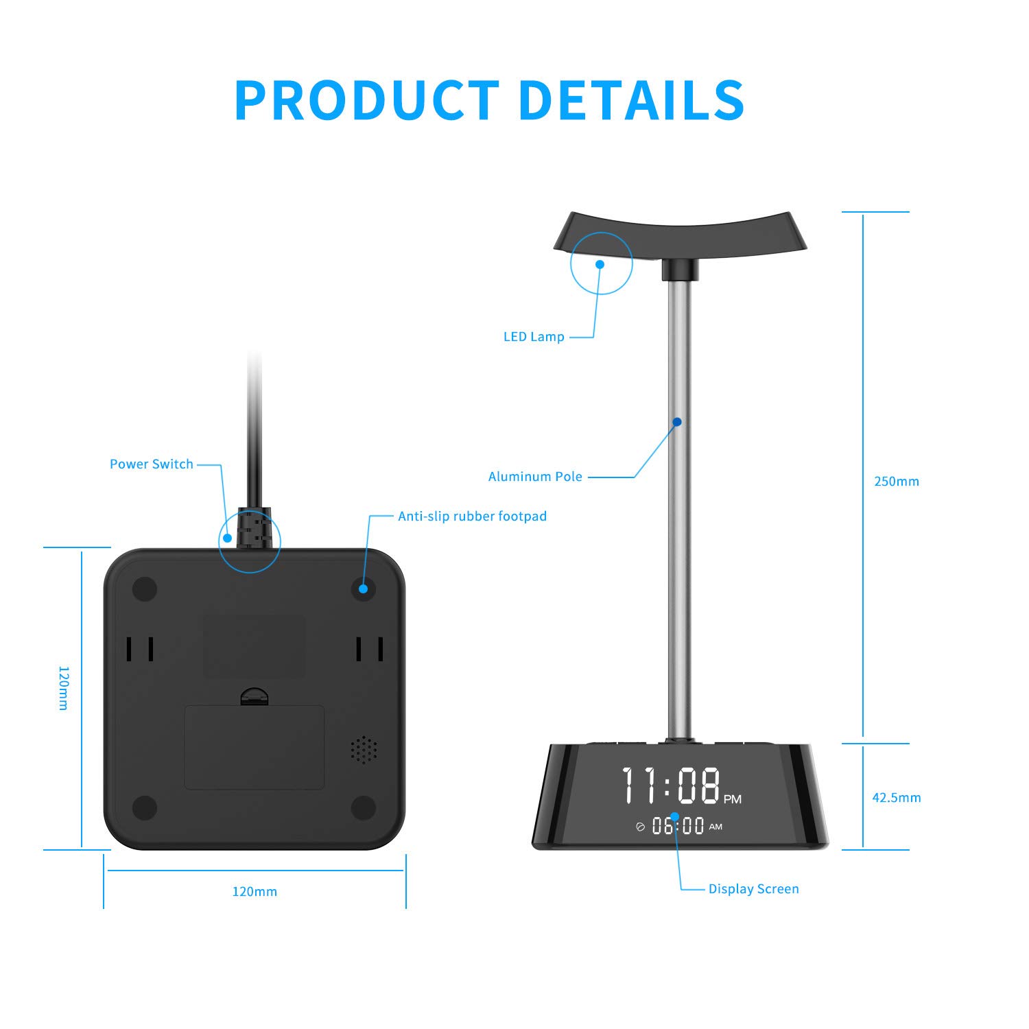 Alarm Clock Charger w/4 USB Ports & 2 Outlets with LED Desk Lamp Night Light and Headphone Stand,Surge Protector Power Strip Charging Station for Bedside,Dorm,Office,Hotel (Snooze,DST,Battery Backup)