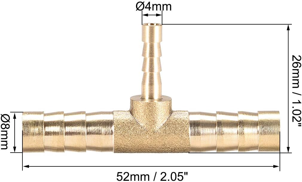 sourcing map Tee Brass Barb Fitting Reducer 3 Way, Fit Hose ID 8mm x 4mm x 8mm, Gold - Image 3