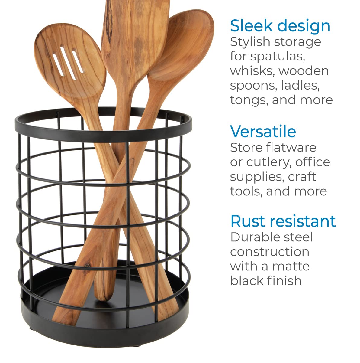 iDesign Kitchen Crock for Utensils - Steel Kitchen Crock Utensil Holder for Countertop - Matte Black