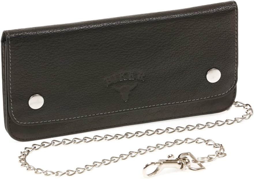 Big Biker and Trucker Wallet with Chrome chain and the embossed Buffalo-Head BIKER, Genuine Leather, black
